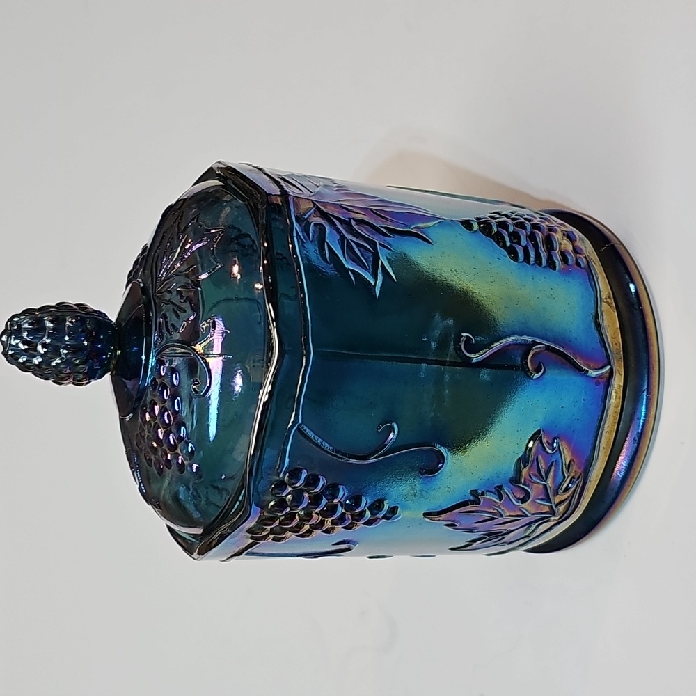 Vintage Indiana Glass Blue Carnival Glass "Harvest Grape" Jar Canister w/ Lid - Picture 6 of 16